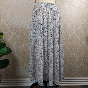 WDNY Size Small White Pleated Maxi Skirt Black Polka Dots Elastic Waist EUC